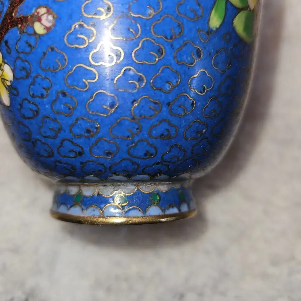Vintage Chinese Cloisonne Enamel Floral Cherry Blossom Brass Vase Cobalt Blue